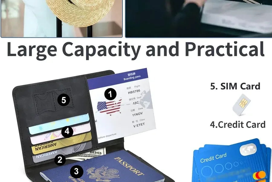 Black passport wallet interior with boarding pass, cash, passport, and card compartments