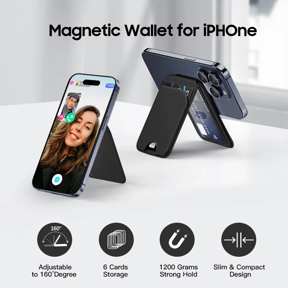 2-in-1 MagSafe wallet stand with dark card holder and foldable phone support