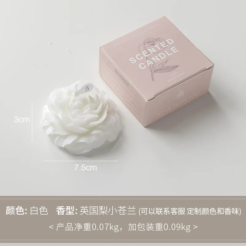 Peony sculptural scented candle, white flower with box and size markers