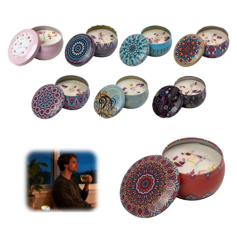 Vintage jar scented candle set with patterned lids, multiple colors (open containers)