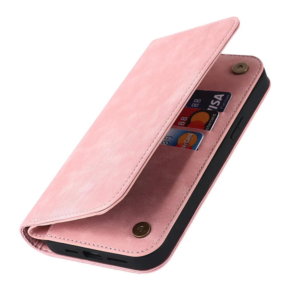 Blush pink kickstand MagSafe wallet with card window and open foldover