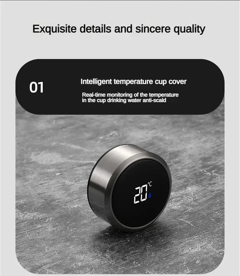LED temperature display on stainless thermos cap, shows 28°C