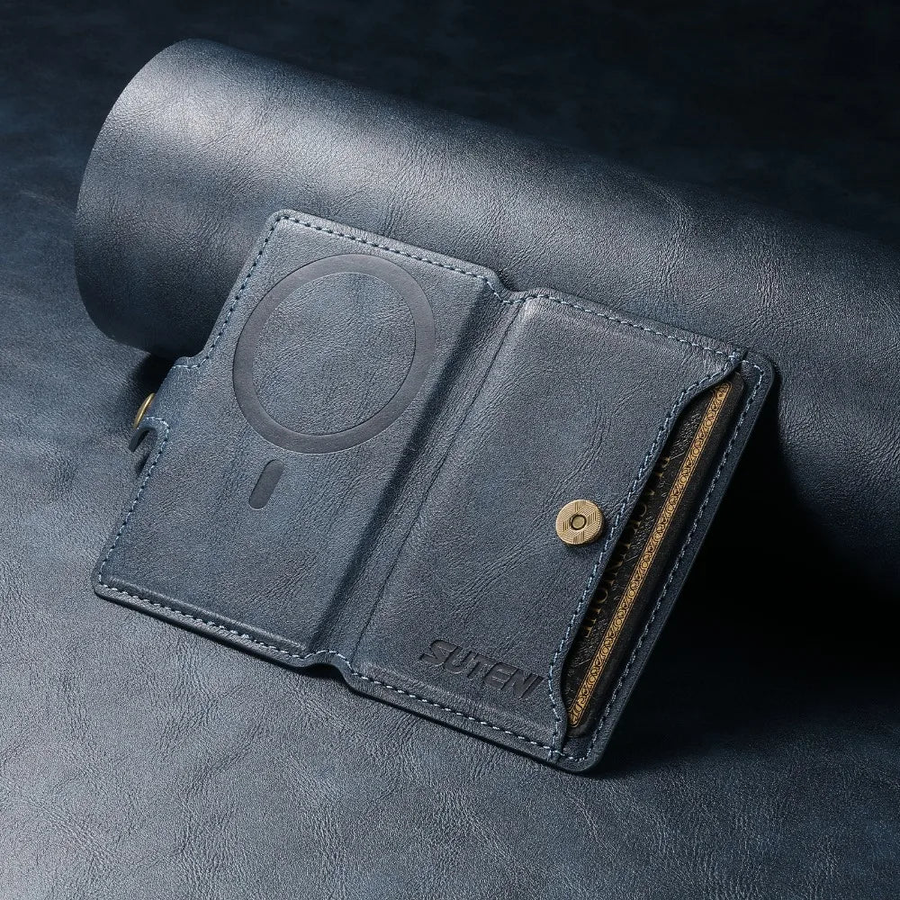 Dark gray leather phone wallet with circular magnetic area and foldover cover