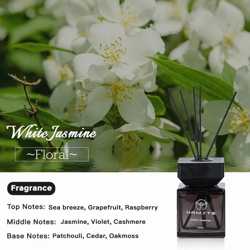 White Jasmine reed diffuser oil, black cube bottle with five dark reeds