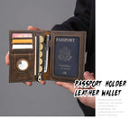 Brown leather passport holder wallet held open with passport window and card/coin compartments
