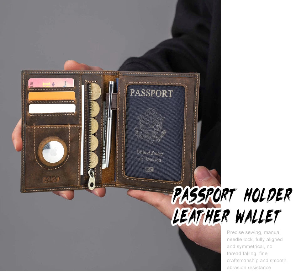 Brown leather passport holder wallet held open with passport window and card/coin compartments