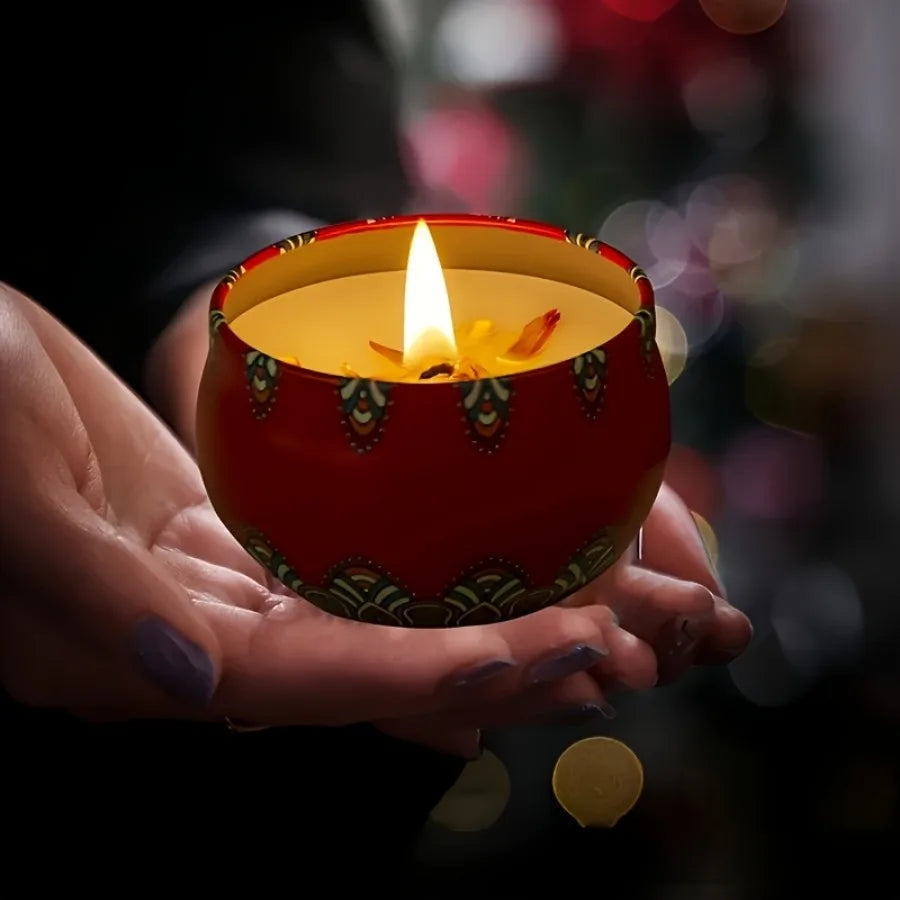 Red patterned scented candle jar with lit flame