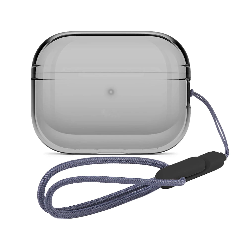Clear shield AirPods case in smoke gray with attached wrist cord and cord stop