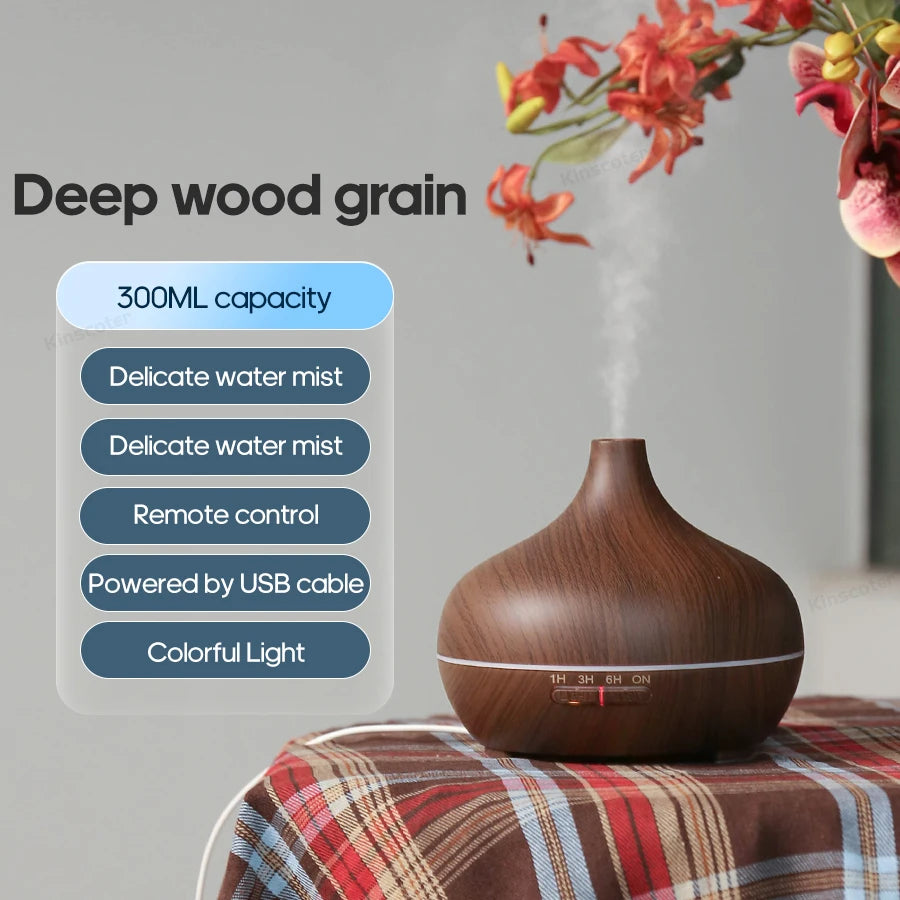 Deep wood grain 300ml aroma diffuser with delicate mist and colorful light