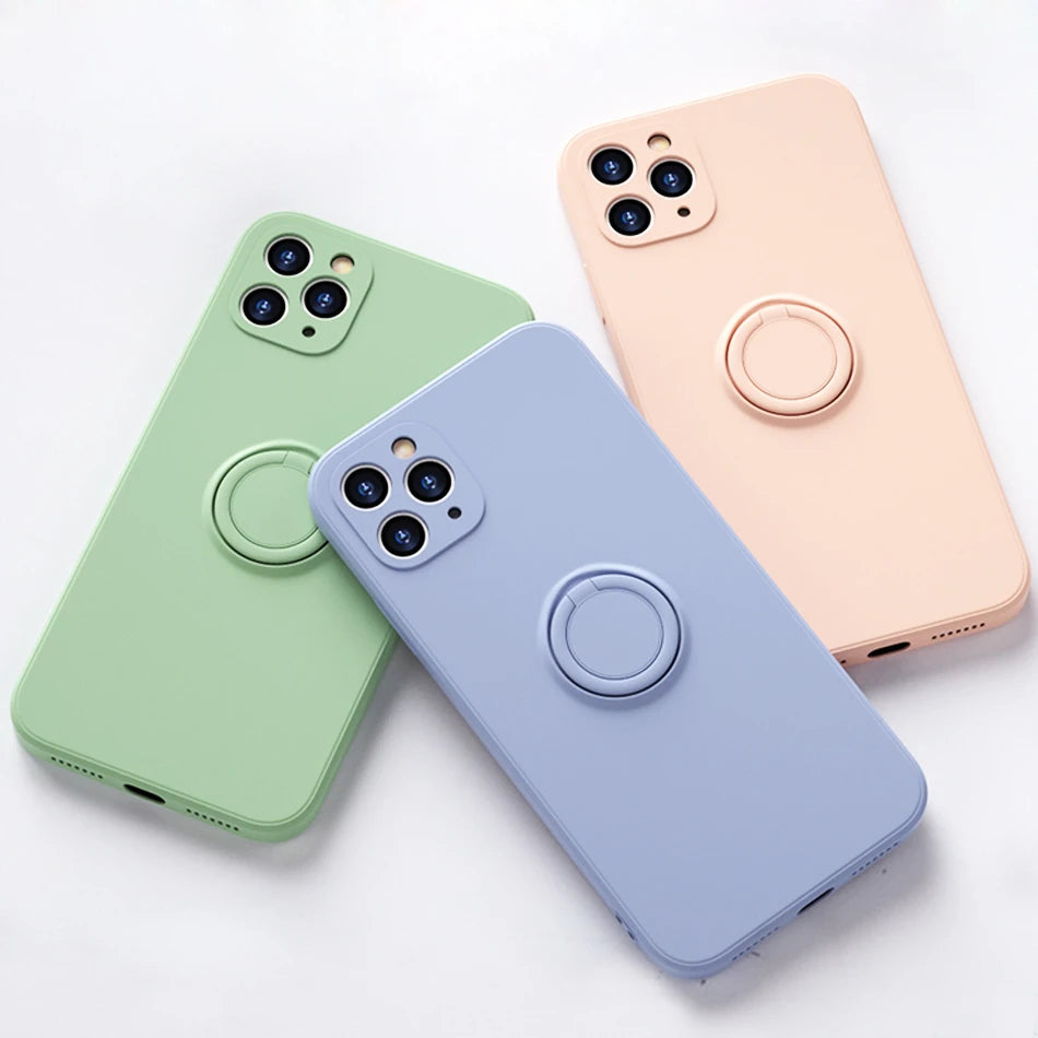 Silicone MagSafe phone cases in peach, green, and light blue, with circular MagSafe rings