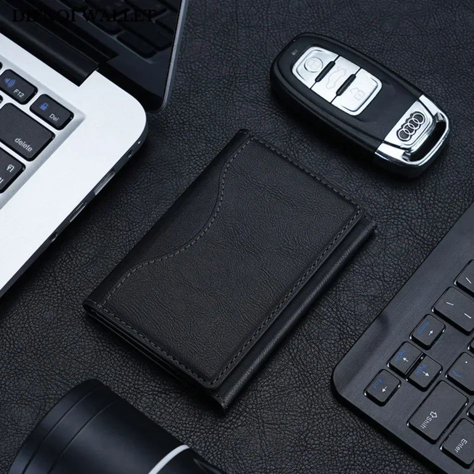 Black PU leather card holder wallet with front cover and stitched seams