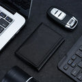 Black PU leather card holder wallet with front cover and stitched seams