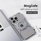 Light gray rimless magnetic phone case with circular stand and camera cutouts
