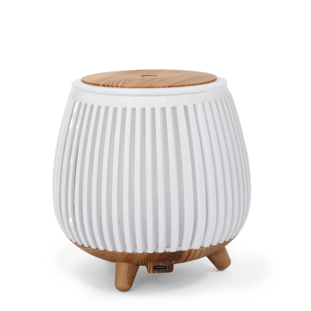 White striped aroma diffuser humidifier base with USB port and wooden feet