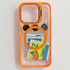 Orange magnetic lens phone case with clear back, camera cutouts, and lens holder