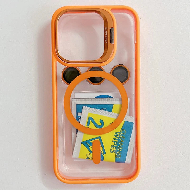 Orange magnetic lens phone case with clear back, camera cutouts, and lens holder