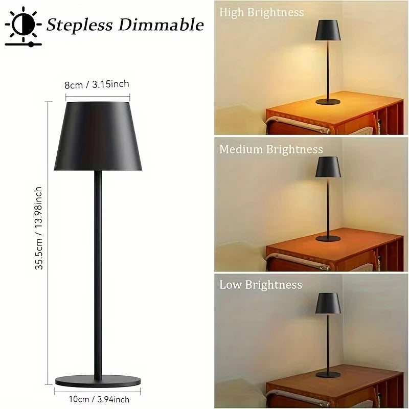 Black wireless touch table lamp with fabric shade on round base