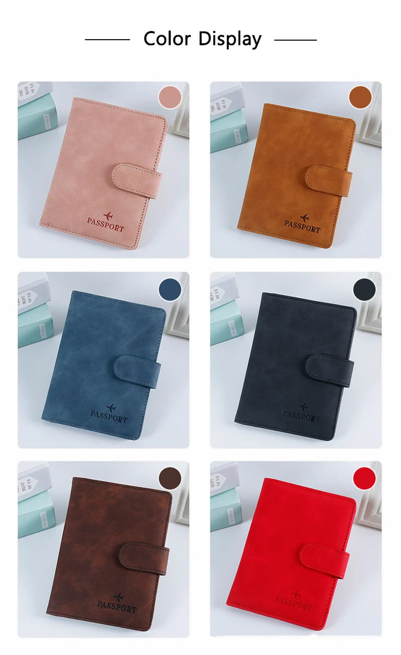 Color display grid of passport folios in blush, sand tan, blue, black, brown, and red