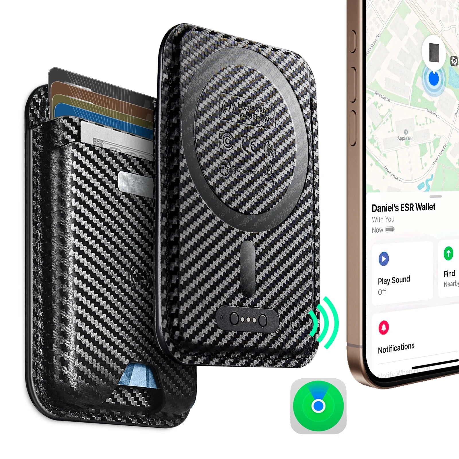 Find My Wallet with carbon-fiber patterned leather cover and card holders