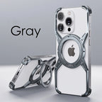 Gray rimless magnetic phone case with circular magnet ring and kickstand