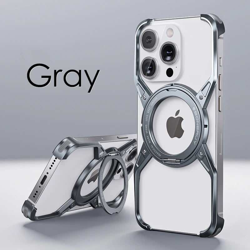 Gray rimless magnetic phone case with circular magnet ring and kickstand