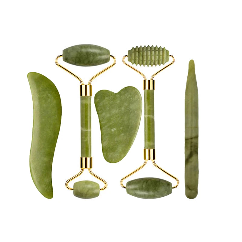 Green jade facial tools set: roller handles with textured head and multiple gua sha shapes