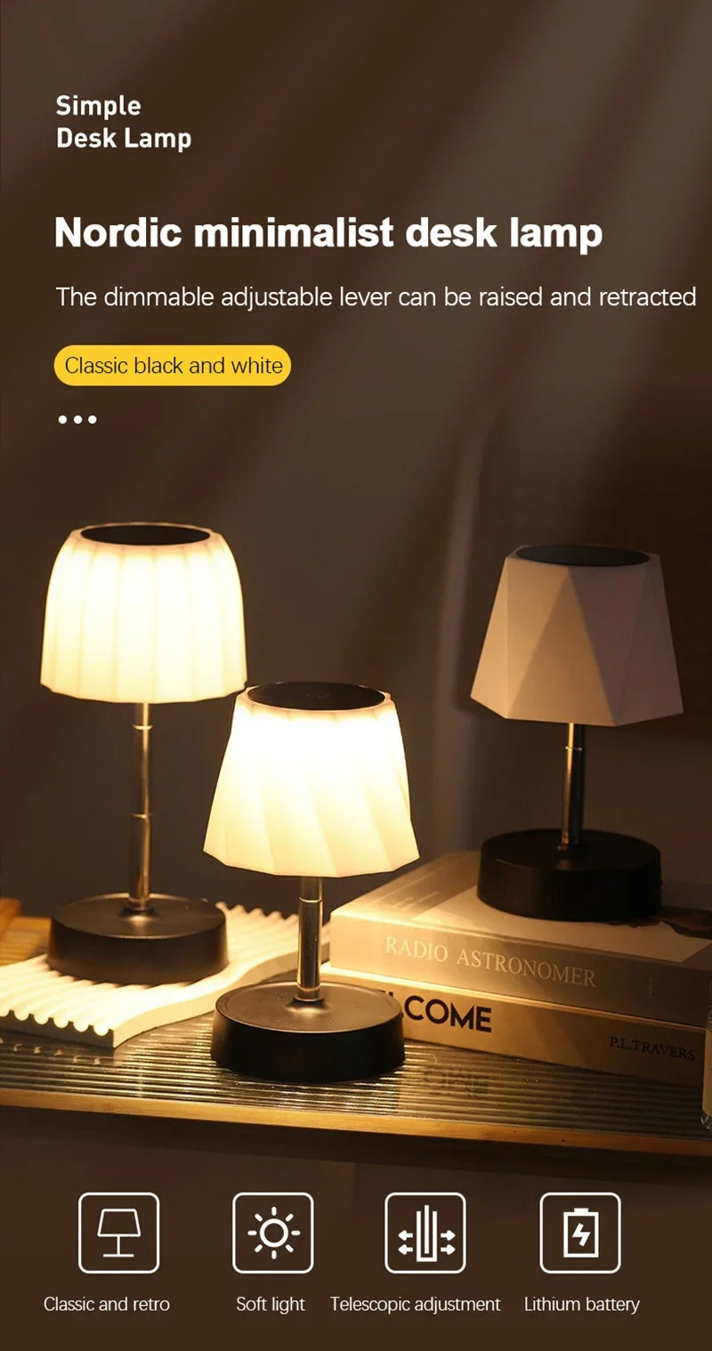 Nordic minimalist cordless desk lamp, warm dimmable light, black base and white shade