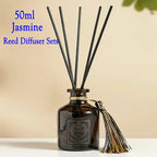 Jasmine 50ml reed diffuser set: dark bottle with five black reeds and gold tassel