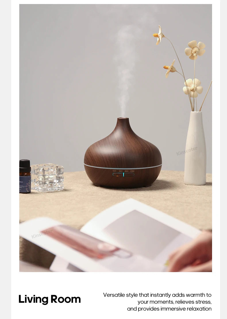 Deep wood grain ultrasonic aroma diffuser with control bar and mist