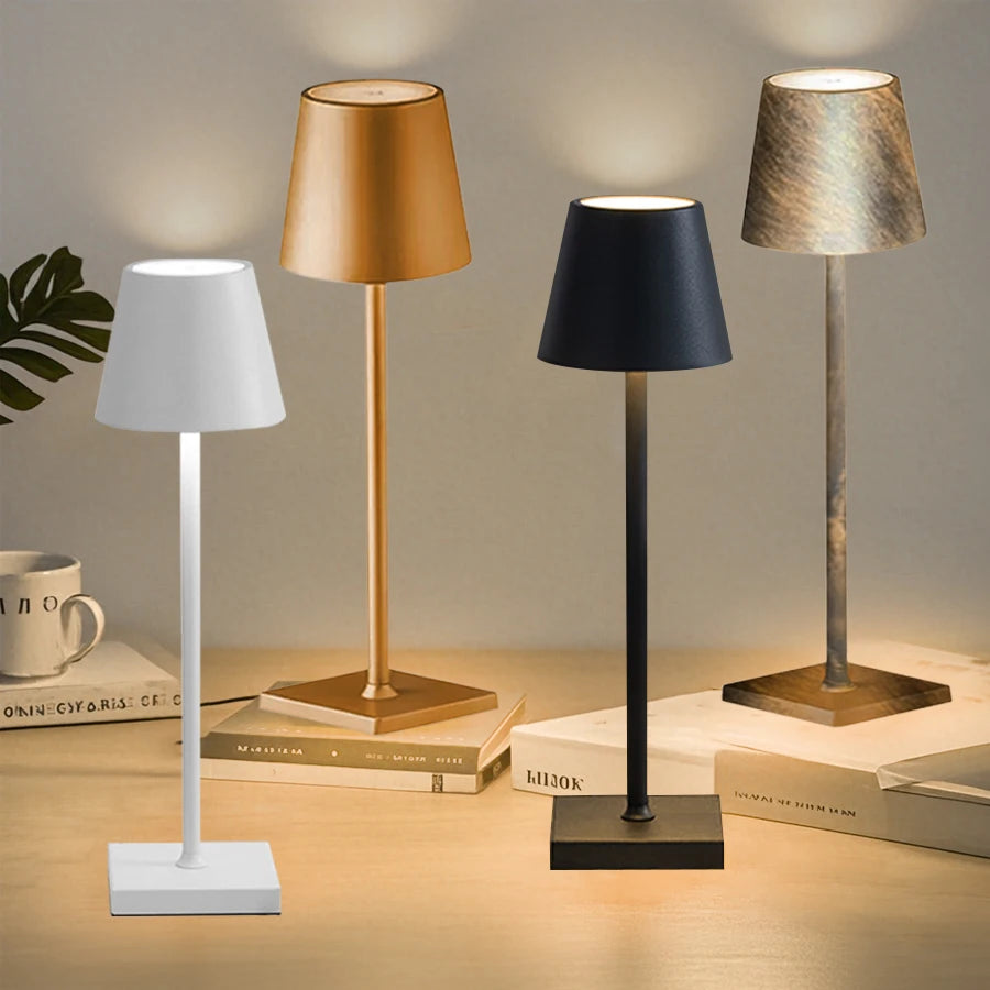 Tri-color USB rechargeable desk lamps with bronze, white, and dark black shades