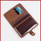 Cognac brown passport folio open view with card slots and inner passport compartment