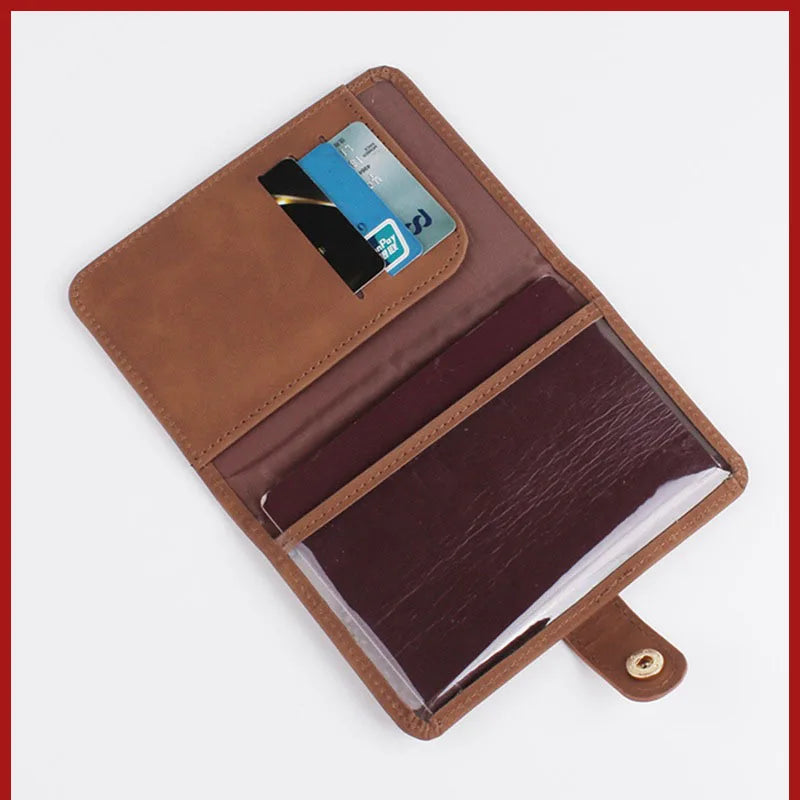 Cognac brown passport folio open view with card slots and inner passport compartment