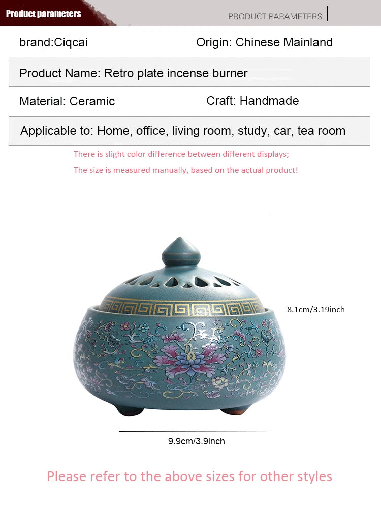 Sky Blue enamel incense burner with lotus-style pierced lid and floral engraving