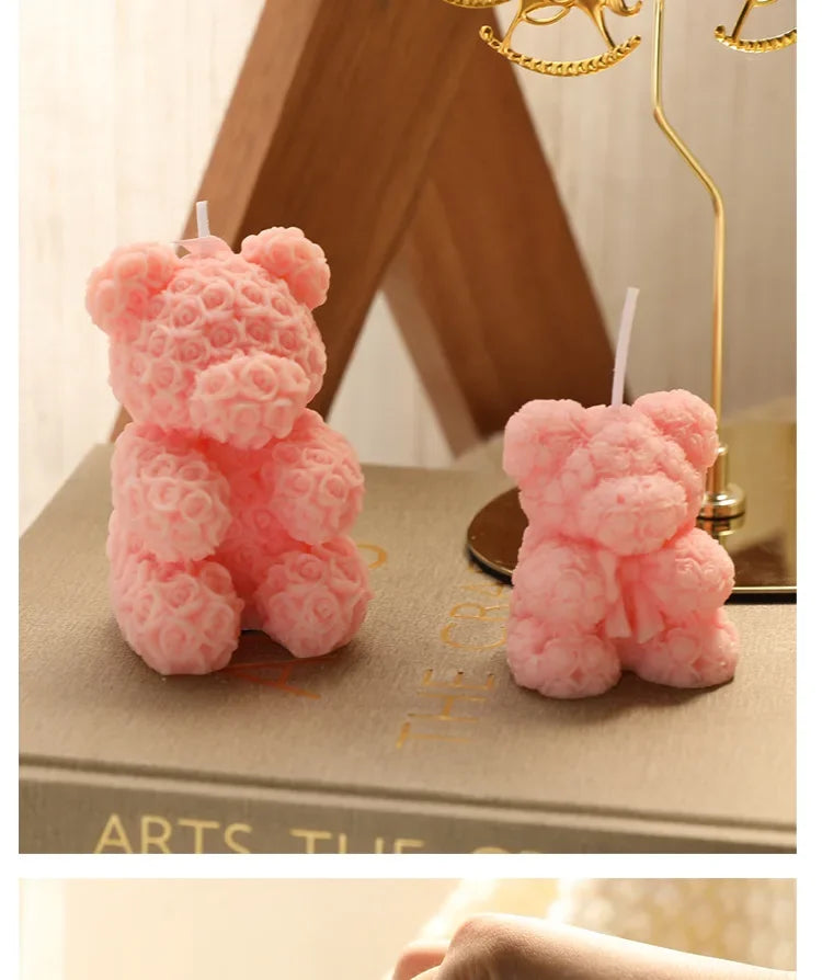 Rose bear scented candle gift set with two pink bear candles and white wicks