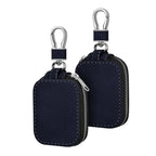 Dark blue PU leather earphone case with zipper, stitched edges, metal keyring loop