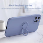 Light blue silicone MagSafe phone case with metal ring stand on back