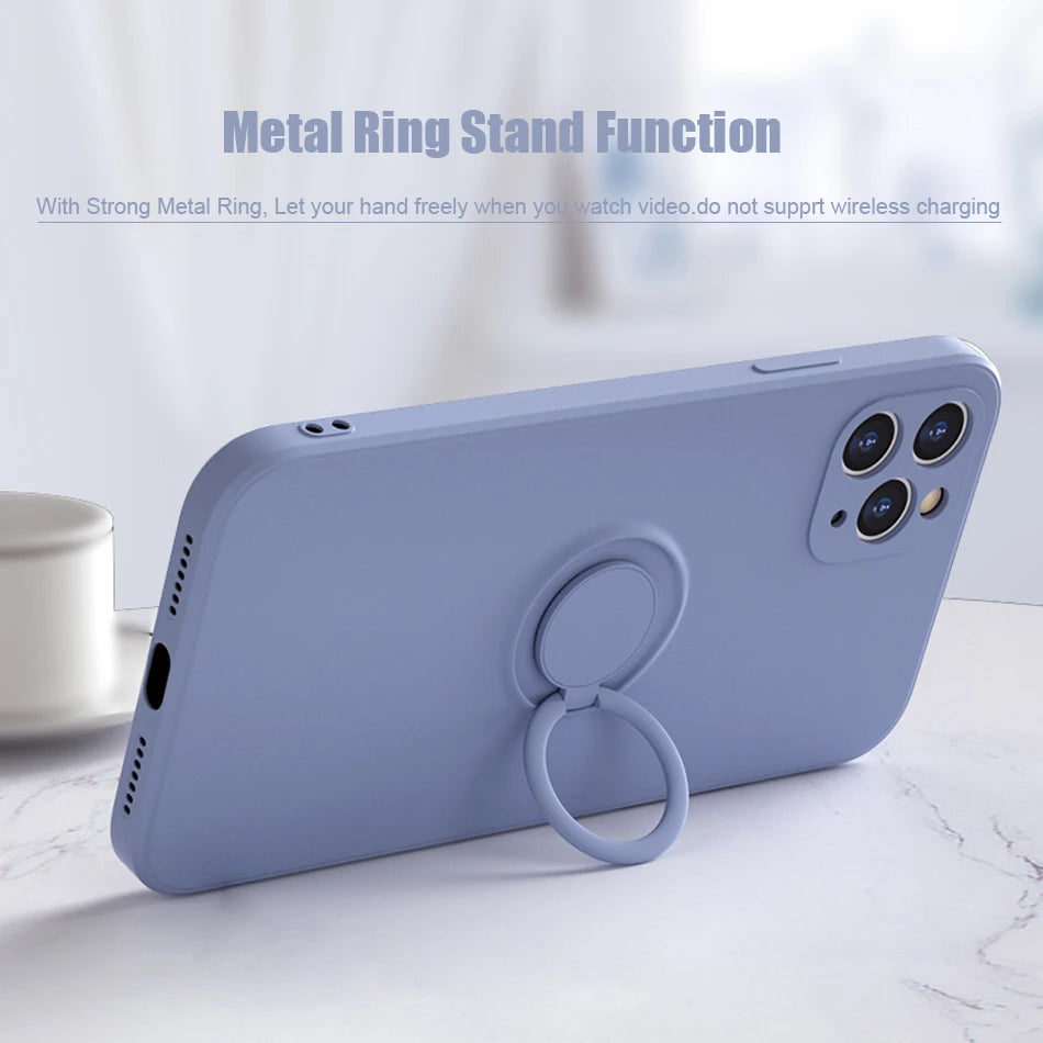 Light blue silicone MagSafe phone case with metal ring stand on back