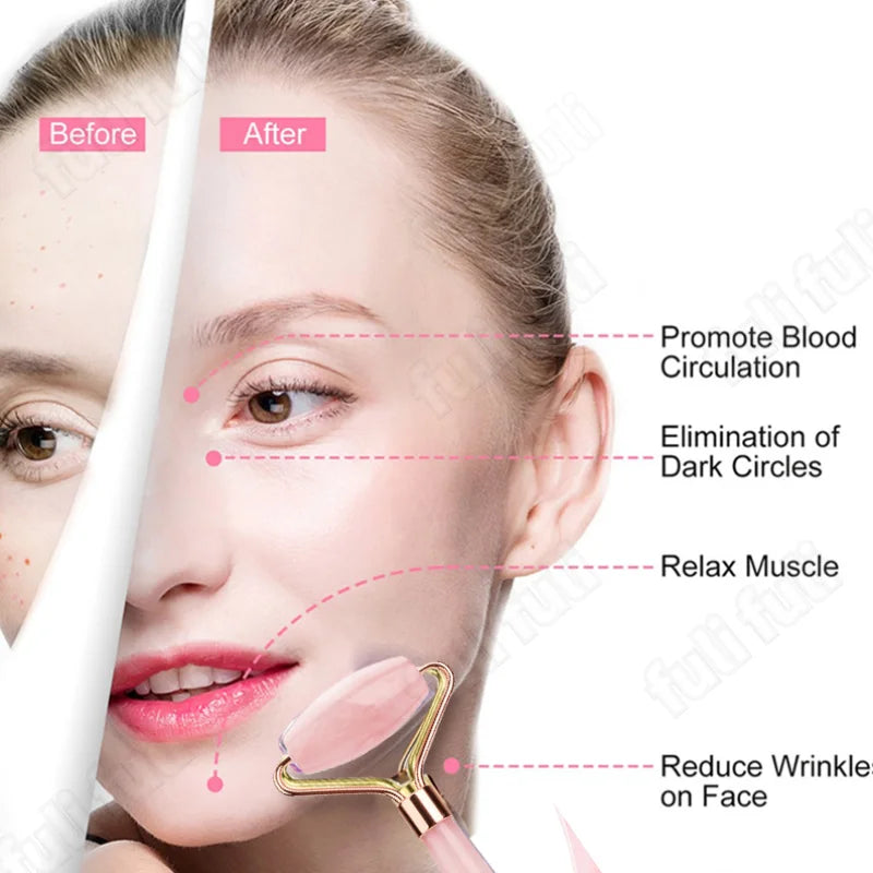 Rose quartz glow roller applying to under-eye area with rose-pink stone