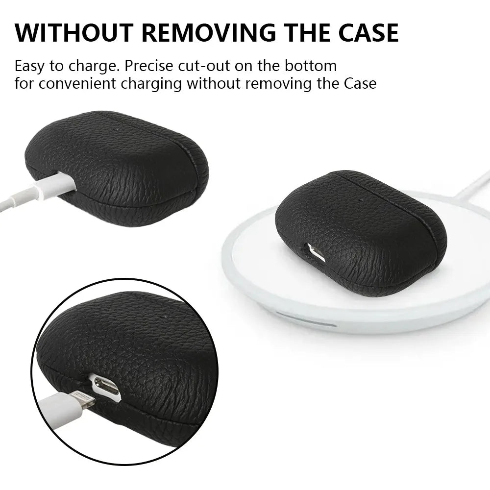 Cowhide leather AirPods case, dark black/charcoal, charging port cut-out
