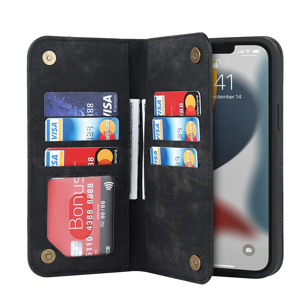 Black open phone wallet with card slots and phone screen in view