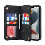 Black open phone wallet with card slots and phone screen in view