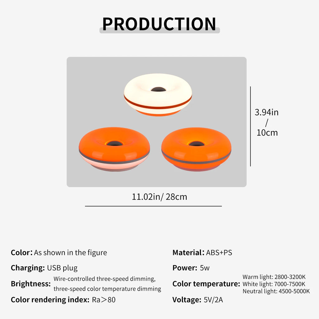 Donut table lamp size diagram: white top view and orange base views