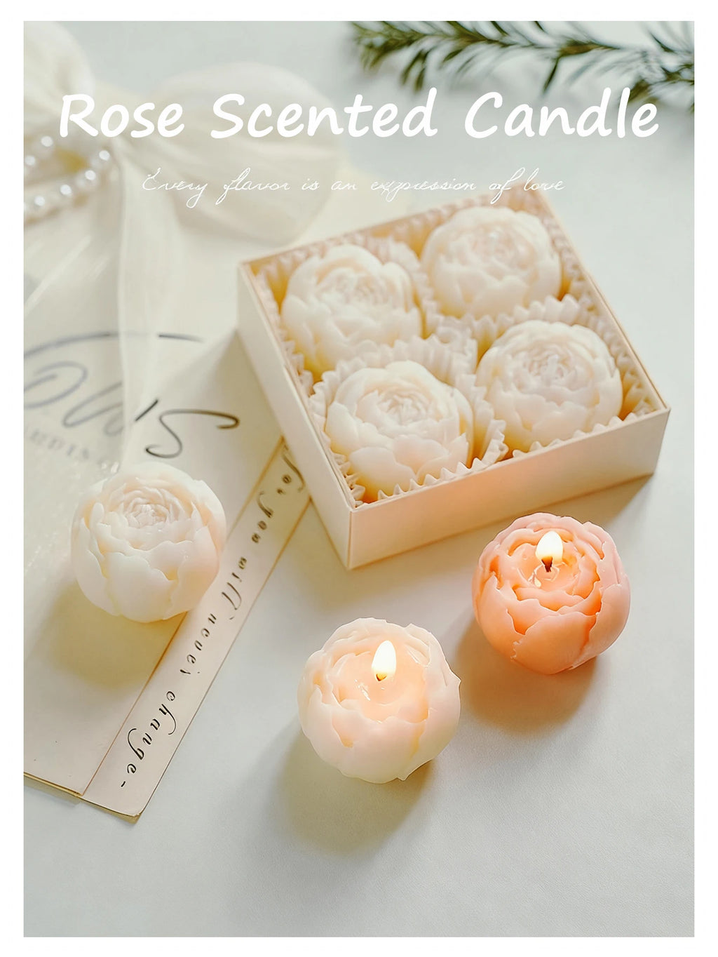Rose scented candle set with white rose candles and lit peach and white candles