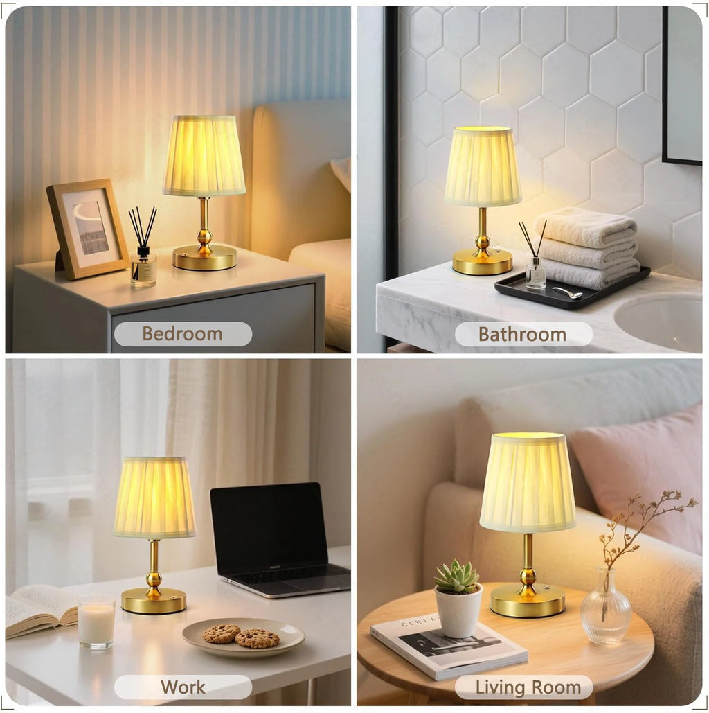 Champagne gold LED table lamp with ribbed shade set on side tables in different rooms