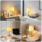 Champagne gold LED table lamp with ribbed shade set on side tables in different rooms