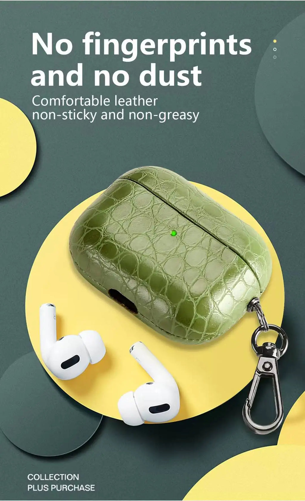 Emerald green crocodile-grain AirPods case with embedded green dot and keychain.
