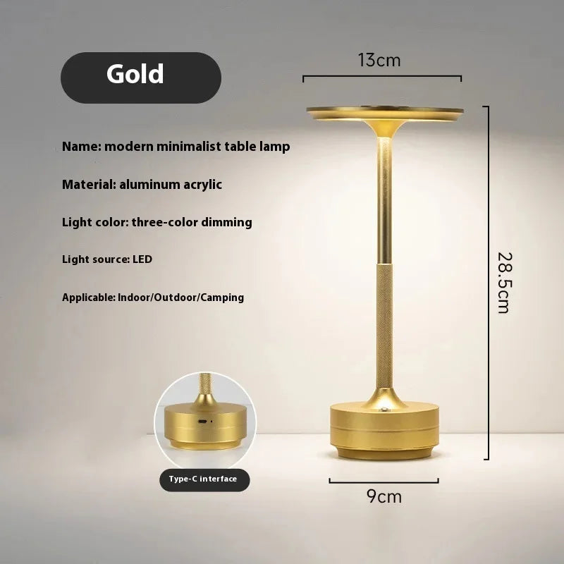 Gold cordless reading lamp, lantern glass, Type‑C base, three-color dimming