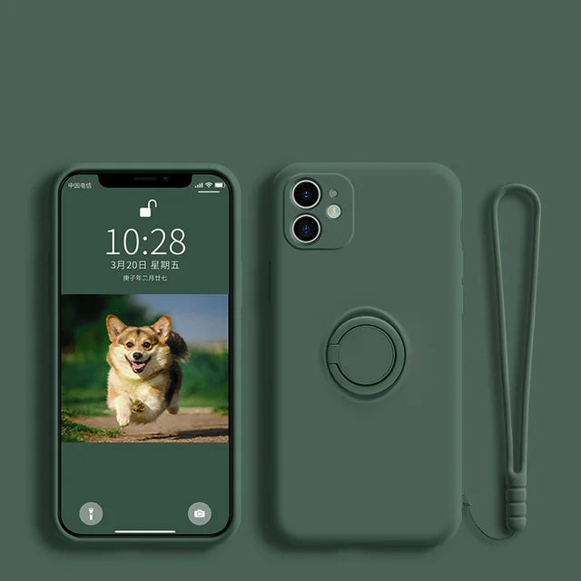 Silicone MagSafe phone case in dark green with circular MagSafe ring and hand strap