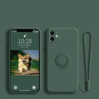 Silicone MagSafe phone case in dark green with circular MagSafe ring and hand strap