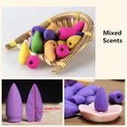 Mixed-color backflow incense cones arranged in a woven basket, with cone close-up